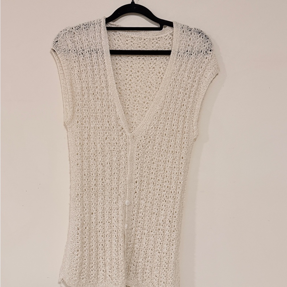 Vintage Cream Open Knit Button Front Sweater Vest Top Cap Sleeve - Picture 4 of 6